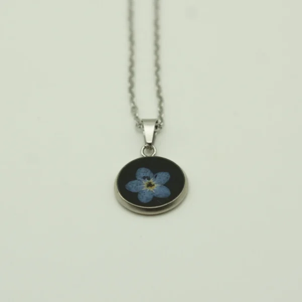 Vergissmeinnicht Halskette mit echter Blume – klein, Edelstahl, schwarz