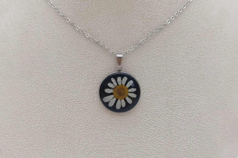 Kamille rund Halskette Kamillenblüte Anhänger 21,5mm | Halsketten wählbar | mit echter Blume